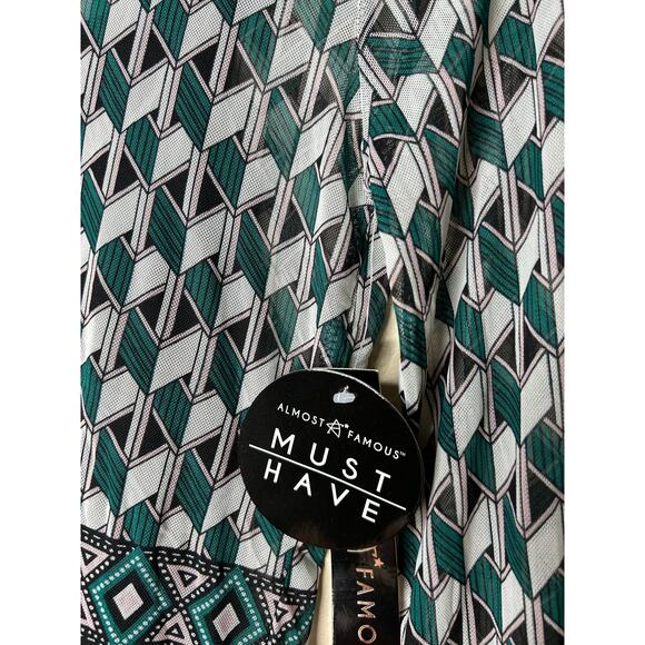 NWT Almost Famous Mesh Layered Geometric Print Green Pink And Black Blouse - Picture 3 of 4